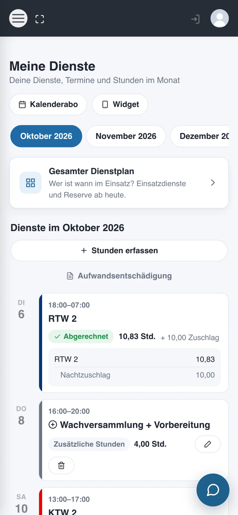 Meine Dienste mit Stunden und Zuschlägen
